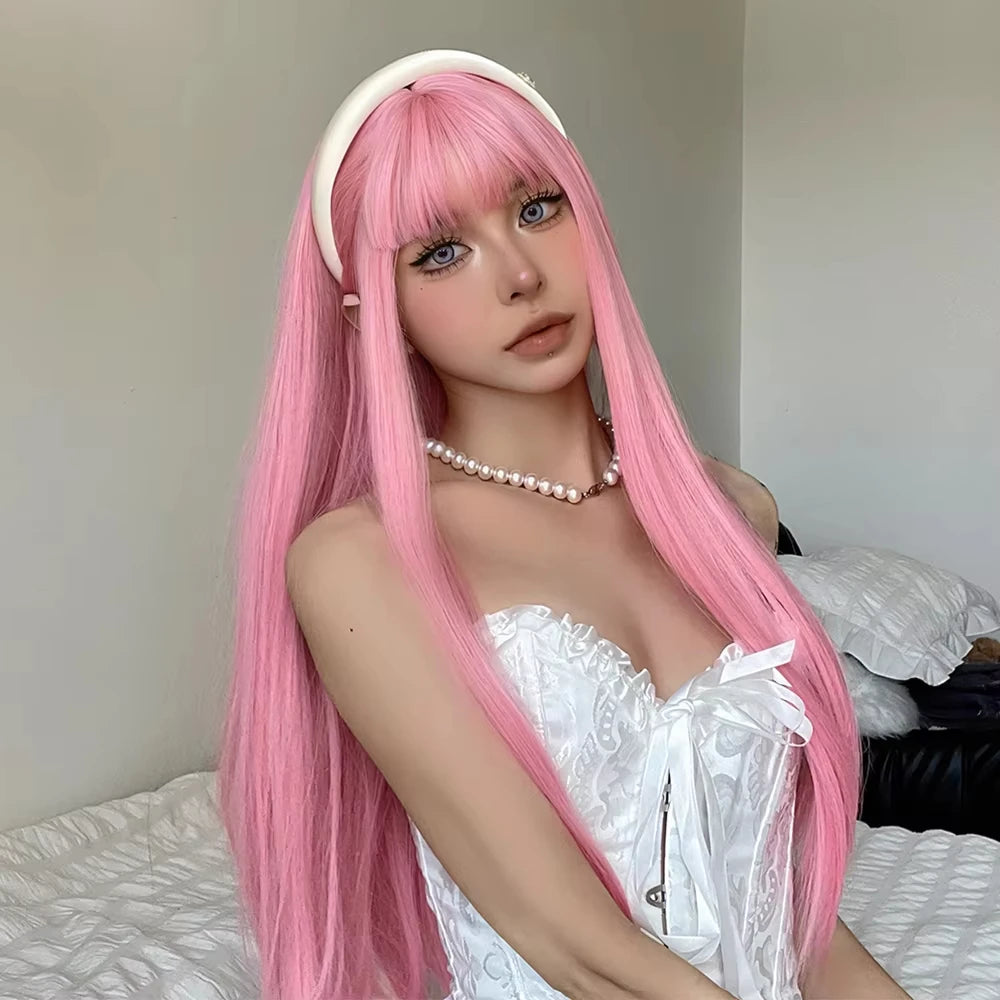 Light Pink Long Straight Hair Synthetic Wig for Halloween Cosplay Costume Party, Daily Wear, High-Temperature Silk Wig Cap