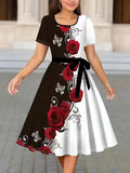 Women Floral Print A-Line Dress O Neck Short Sleeve Tie Waist Casual Midi Dress Black White Elegant Party Sundress