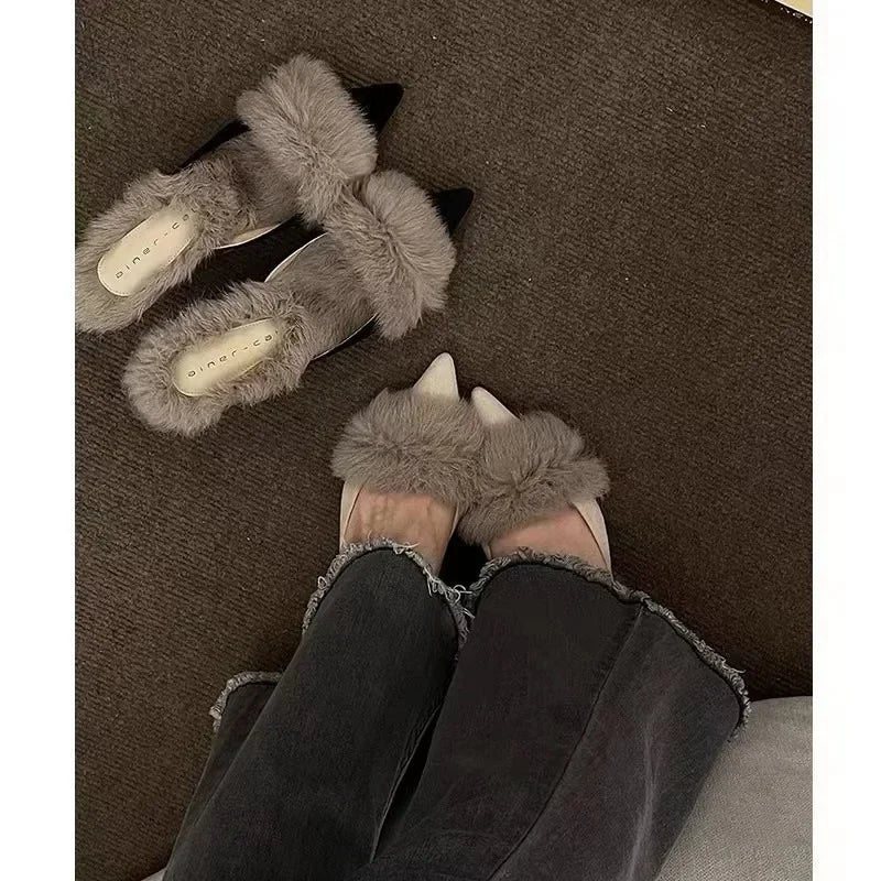 Women High Heel Shoes Fur Slippers Mules Pointed Toe Furry Slides Fashion Elegant Luxury Designer Flip Flops Office Pumps