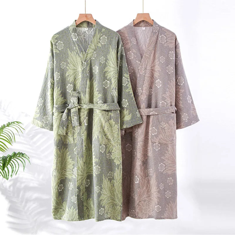 New Bathrobe Women's Shower 100% Cotton Gauze Nightgown Kimono Pajamas Robe Cardigan Print Sleepwear Loungewear Home Clothes