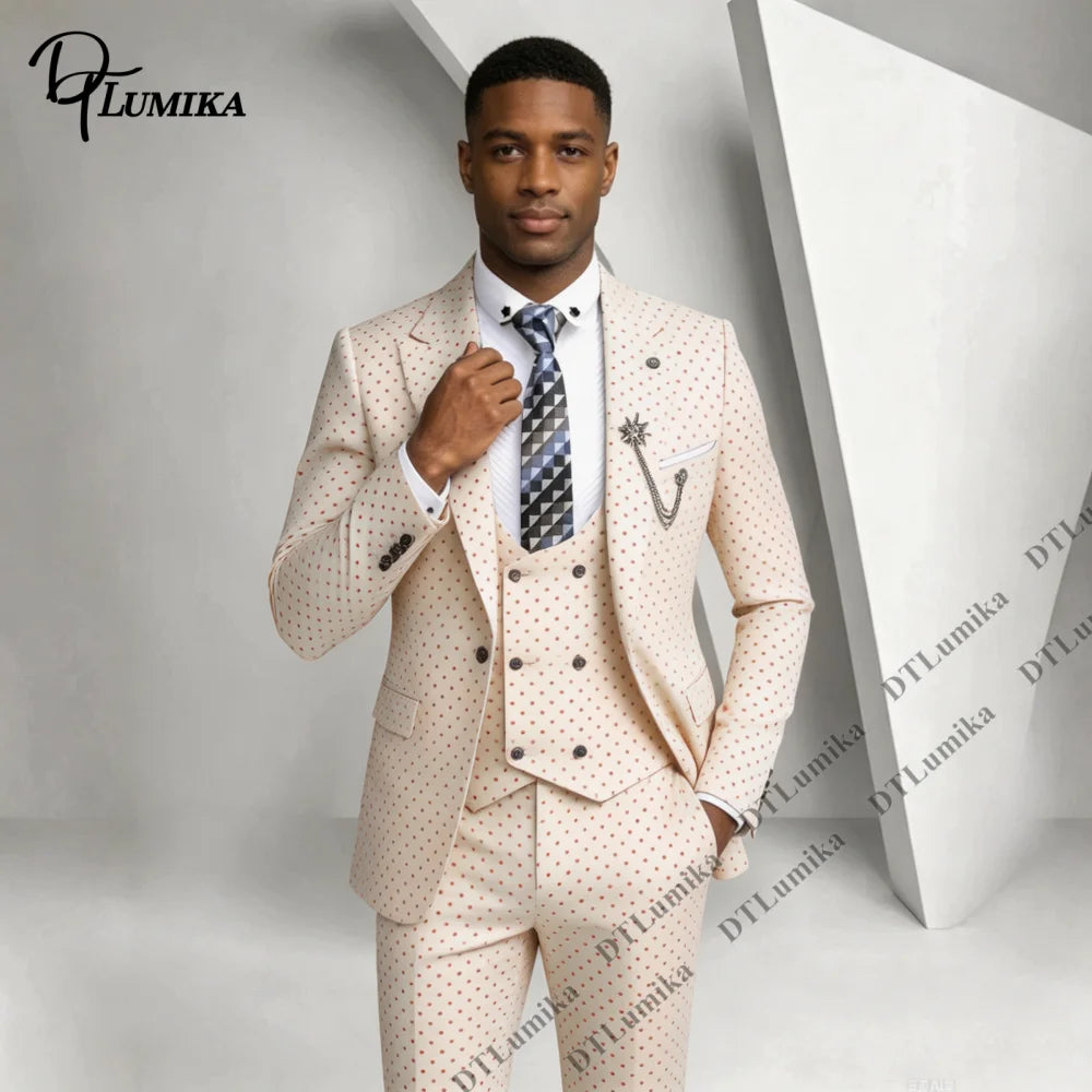 Men 3 Piece Dotted Suit Three-piece Polka Dot Jacket Vest Pants Made To Measure Wedding Business Prom Banquet Formal Tuxedo
