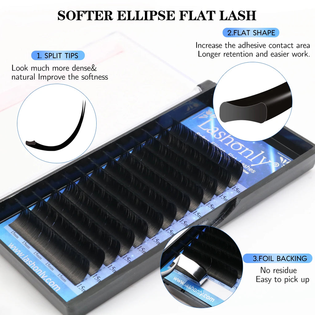 Lashonly Ellipse Flat Lashes Super Soft Matte Split Tips Faux Mink Natural Eyelash Extensions for Beauty Salons