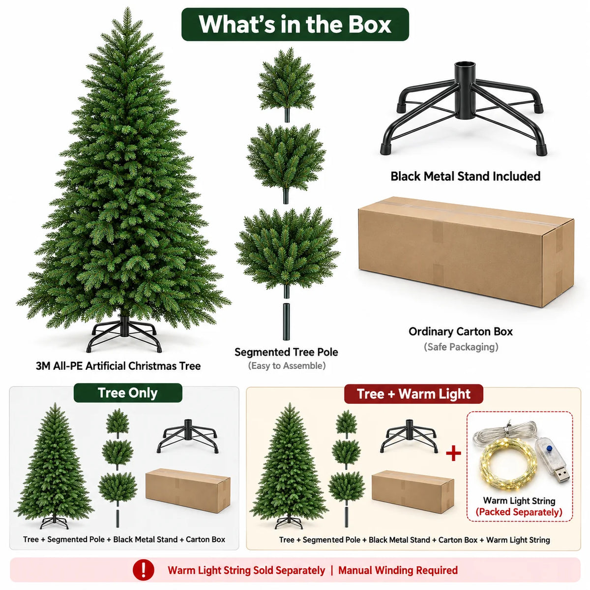 All PE Artificial Christmas Tree 120-300CM Realistic Spruce with Metal Stand Optional Warm Light Holiday Decor