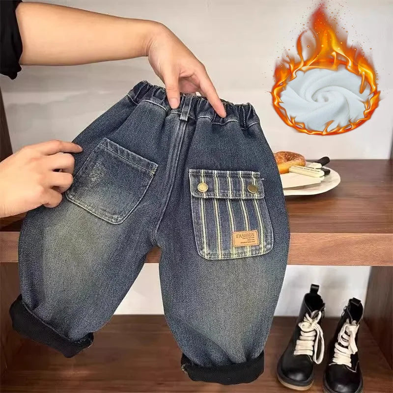 Boys Fleece-lined Jeans Fashion Children's Winter Denim Pants Kids Casual Autumn Trousers New Toddler Plush Velvet Pants 1-8Y