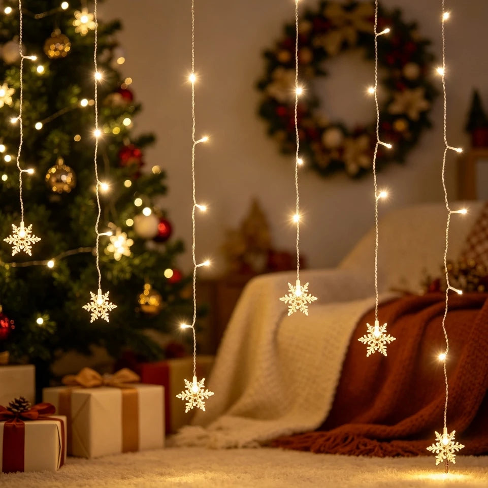 Christmas LED Snowflake Curtain String Light, USB Powered Window Hanging Fairy Lights with 8 Modes for Indoor Holiday Room Decor
