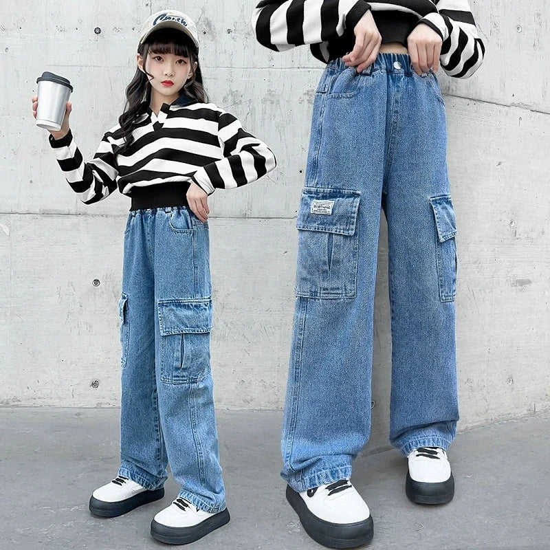 3-12 Years Girls Denim Pants Teenager Wide Leg Pants Children Trousers Spring Autumn Star Pattern Girls Jeans New Kids Clothes
