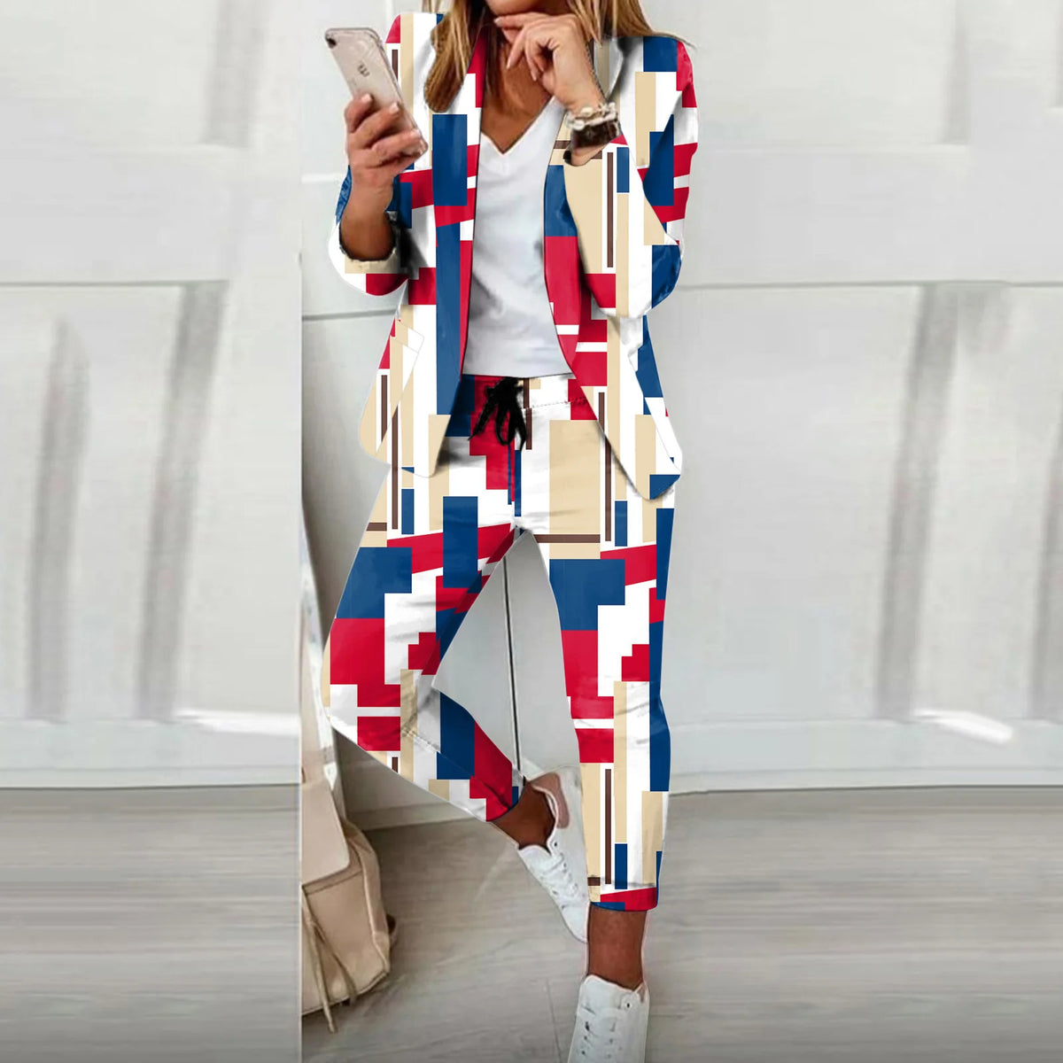 Two Piece Set Women Outfit Office Ladies 2023 Autumn Plaid Print Long Sleeve Elegant Blazer Coats & Drawstring Work Pants Set