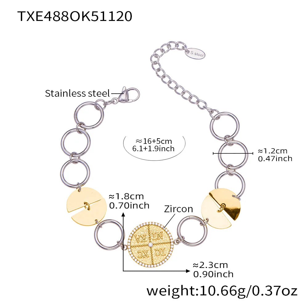 316 Stainless Steel Gold-Plated Large Circular Chain Necklace Choker Women's Shiny Round Zircon Golden Bracelet Jewelry Set