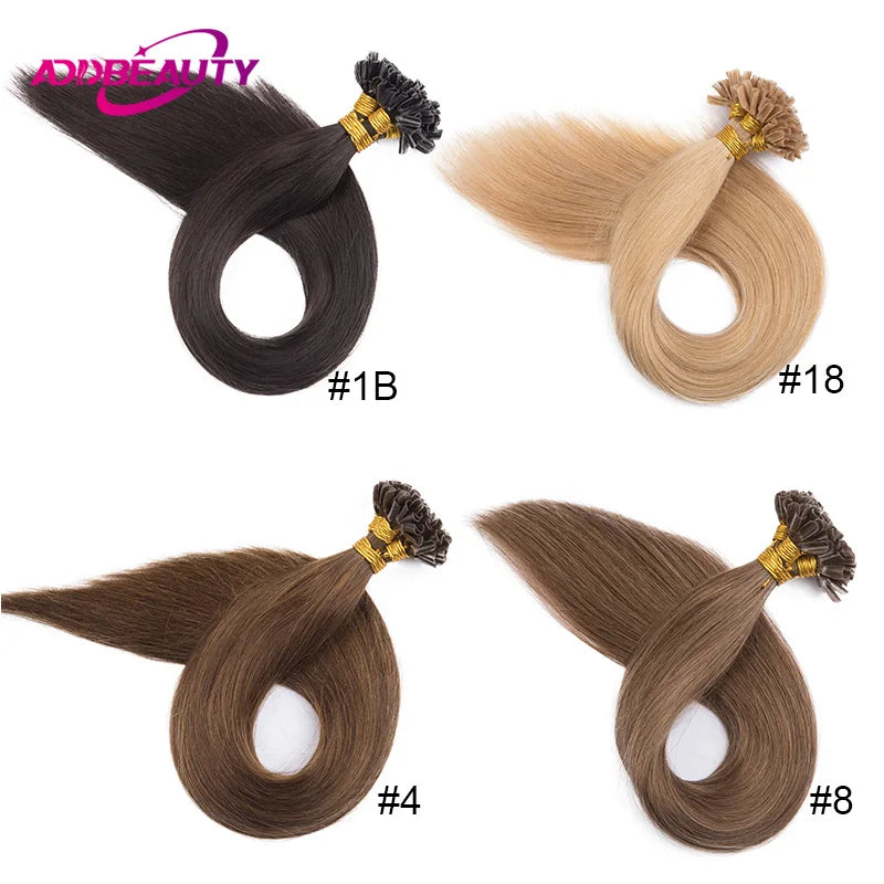 Addbeauty Human Fusion Hair Extensions U Tip Keratin Capsule 100% Remy Human Hair Nail Tip Machine Made Hair Extension Natural