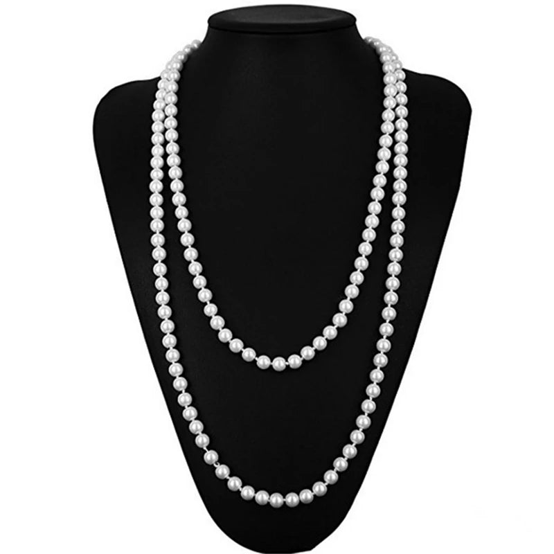 1.5m -8mm fashion glass imitation pearl necklace women's simple knot multi-layer long sweater chain clothing accessories 2021