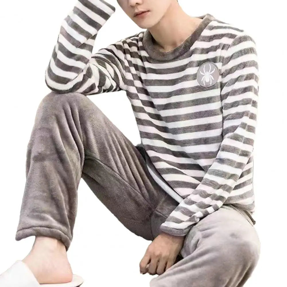 Men Pajamas Cozy Men's Winter Pajama Set Striped Round Neck Thick Coral Fleece Elastic Waist Warm Homewear Sleepwear for Fall