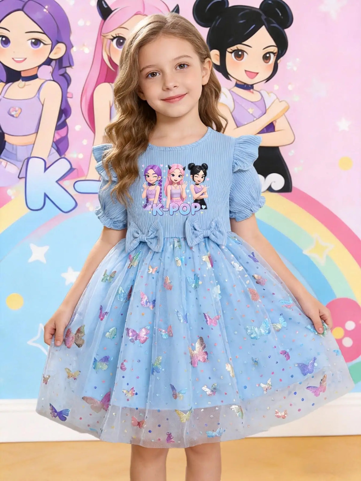 Girls' Elegant Princess Dress, Cartoon Butterfly Print, Slim-Fitting Summer Gown, Perfect for Easter, Valentine's Day, Parties,