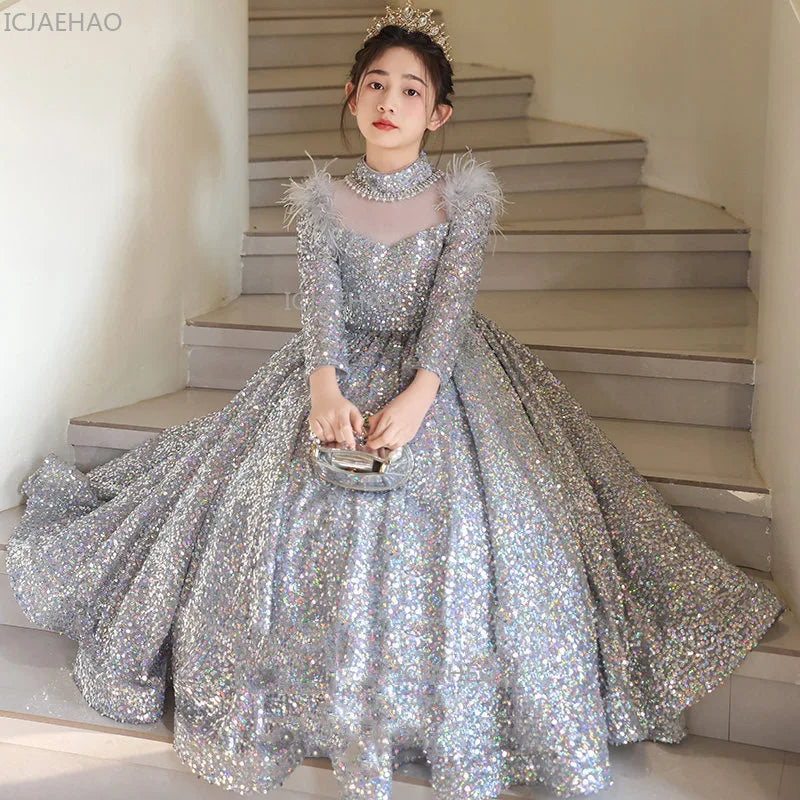 2026 New Girls Sequin Princess Dress Kids Evening Gown Flower Girl Host Performance Outfit Pageant Formal Children Party Costume