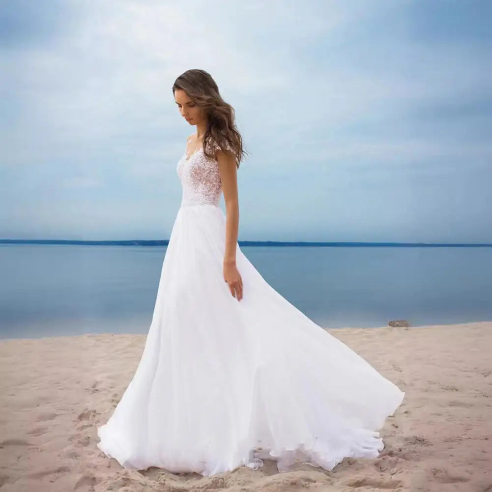 Elegant Evening Gown for Women Elegant Lace V-neck Wedding Dress for Bride Chiffon Evening Gown with Slit Boho Beach for Prom