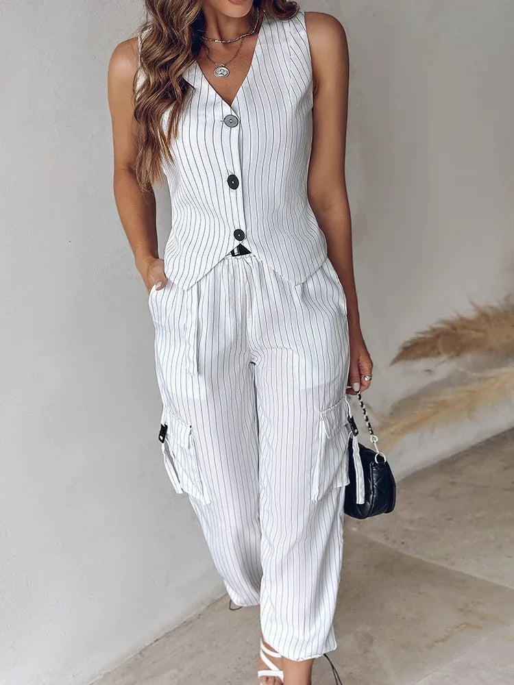 Office Lady Two Piece Set Women Outfit 2025 Summer Fashion Striped V-Neck Sleeveless Vest Top & Ccasual Daily Cuffed Pants Sets