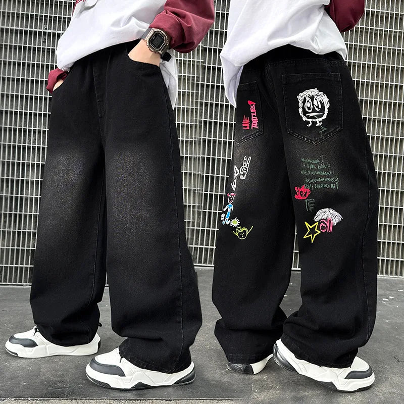 Boys Black Print Jeans Spring/Autumn Kids Wide Leg Pants Washed Denim Straight Pants Teen Children Pants 6 8 10 12 14 Years Old