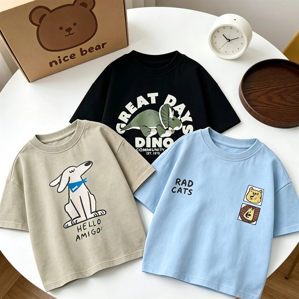 Kids Summer Clothes Short-sleeved Tops Cartoon Printed TShirt Cotton Wear Loose Casual Sports TShirt Thin All-match Pullovers