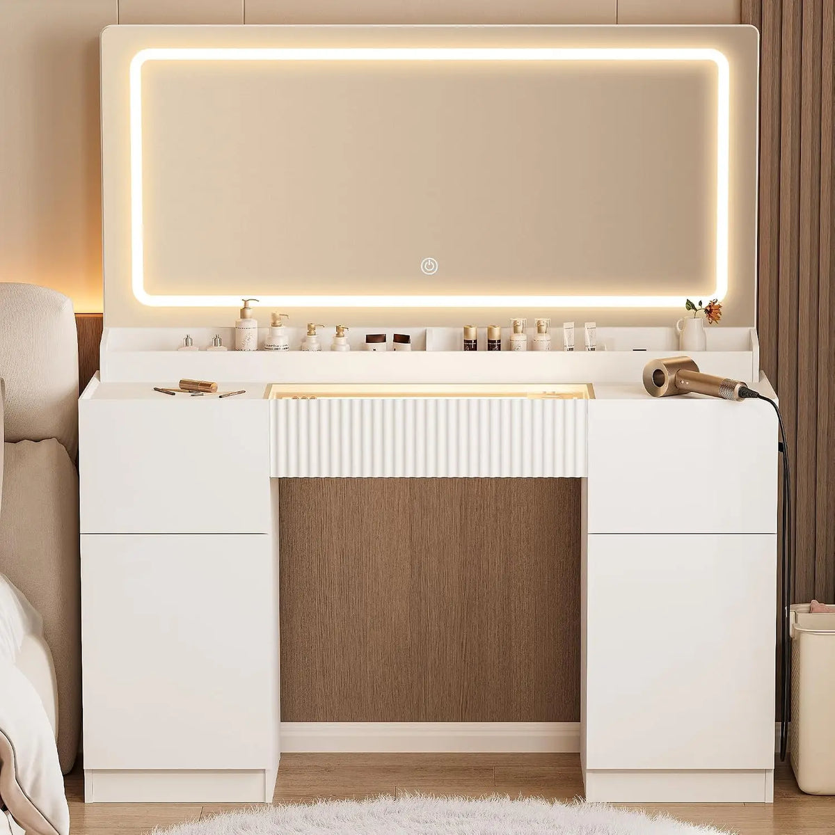 44" Vanity Desk with Large Mirror and Lights, Modern Glass Top Makeup Vanity Set with Power Outlet, 3 Drawers and 2, Custom
