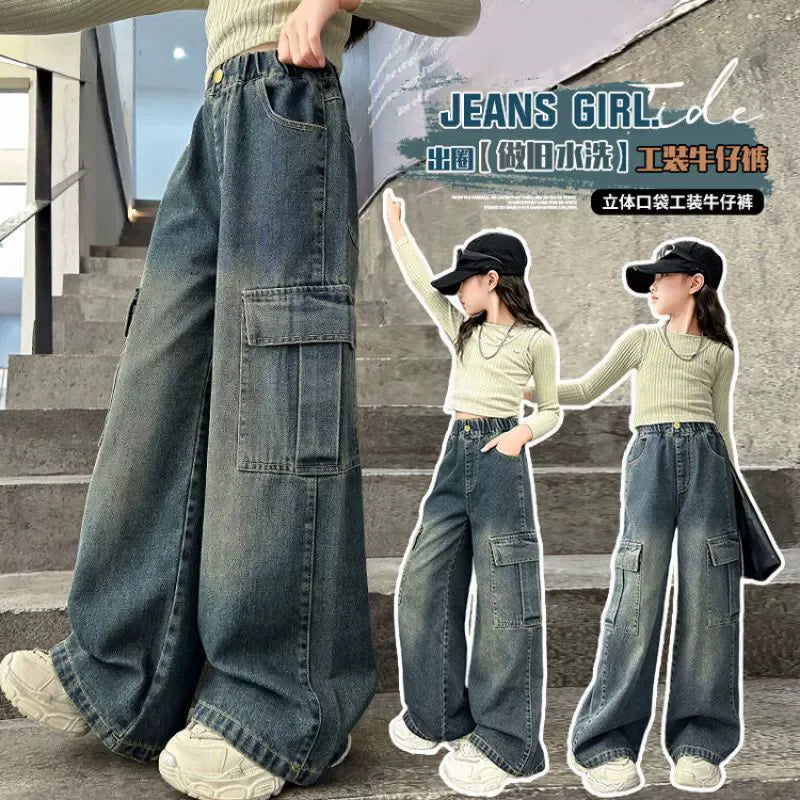Girls Cargo Jeans Kids Wide-legged Denim Pants Teenagers Fashion Streetwear Loose Trousers Children Casual Clothes 5-12Y