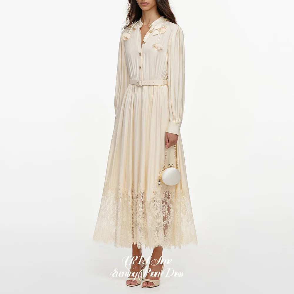 French Style Elegant Evening Dresses for Women Stand Collar Long Sleeve Floral Appliques Waist Belt Lace Hem Midi Party Dress