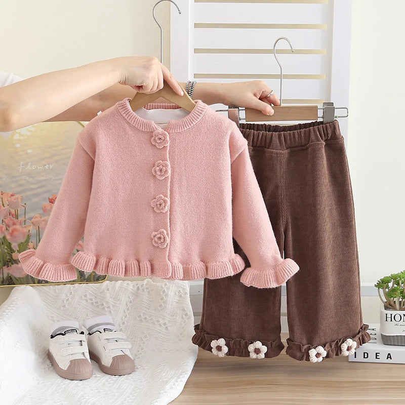 Baby Girls Clothing Sets Spring Autumn Children Casual Clothes Outfits Infant Floral Knitted Coat T Shirt Pants 3 Pieces Suits