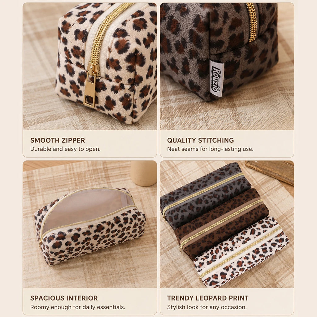 Vintage Leopard Print Suede Pencil Case, Aesthetic School Stationery Bag for Students - KOUZIO