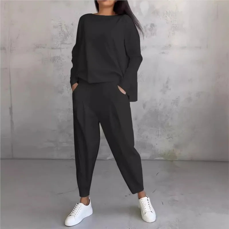 Women Office 2 Piece Set Autumn New Solid Long sleeve Hoodie&Pants Suits Women's Loose Fashion Pocket Small Feet Trousers Sets