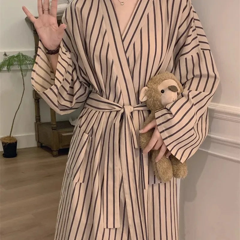 Women's Bathrobe: All-Season Long-Sleeve Striped Kimono-Style Robe – Loose-Fitting, Relaxed, Retro-Style Pajamas and Loungewear
