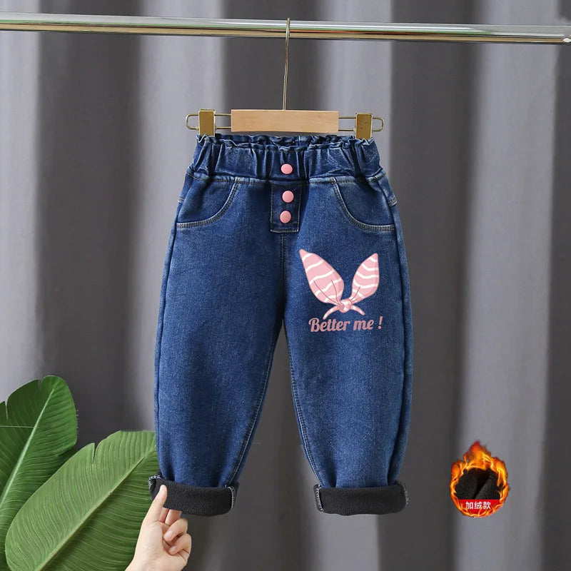 2022 New Warm pants Kids Cartoon Pant Fashion Boy Girl Jeans Winter Thickening Kids Denim Pants Baby Jean Infant Clothing 1-6Y