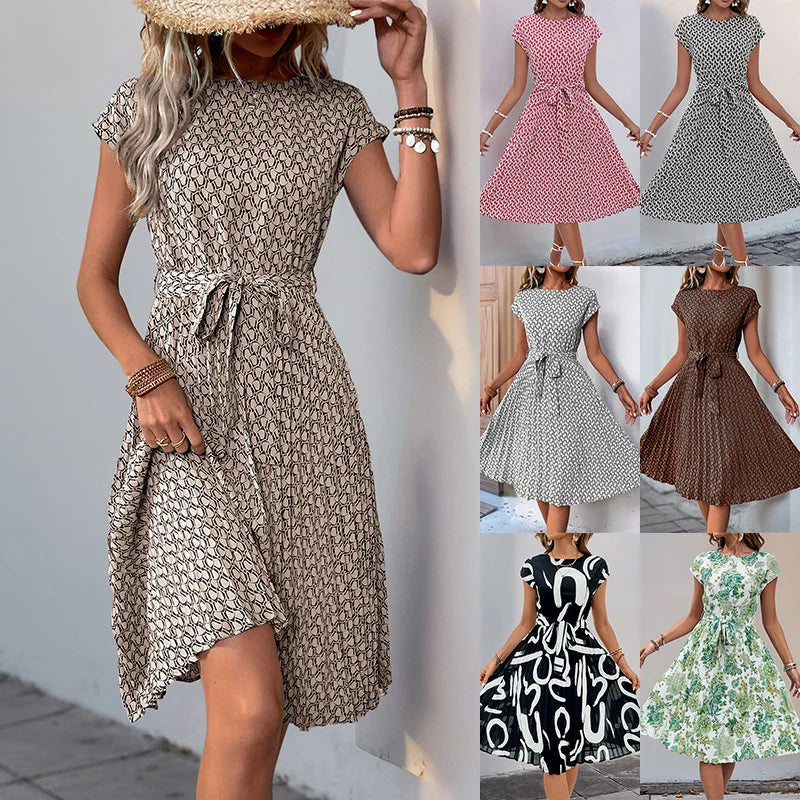 Casual Women's Summer Long Dress Elegant Printed Loose A-Line Beach Midi Sundress Vintage Pleated Maxi Dresses Female Vestidos