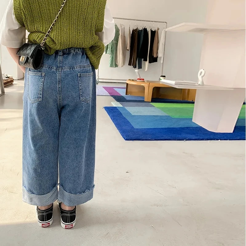 Spring Summer Autumn Kids Crimped Wide Leg Jeans Girls Loose Thin Denim Pants Children Fashion Casual Trousers 2-10 Years Girl