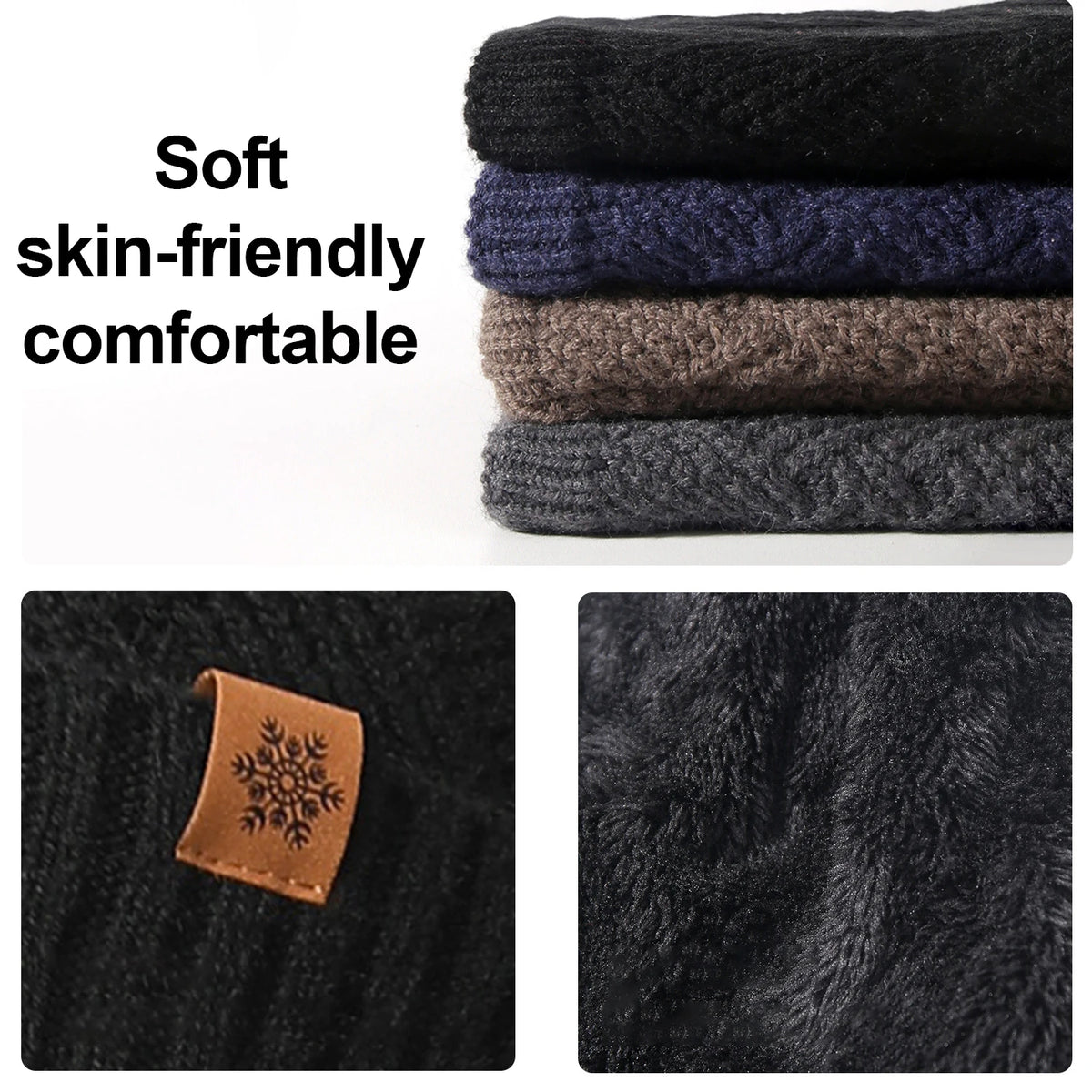 Men Winter Beanie Neck Gaiter Gloves 3-Piece Set Stretchy Thermal Fleece Outdoor Soft Knit Hat Neck Warmer Gloves Set Daily Wear