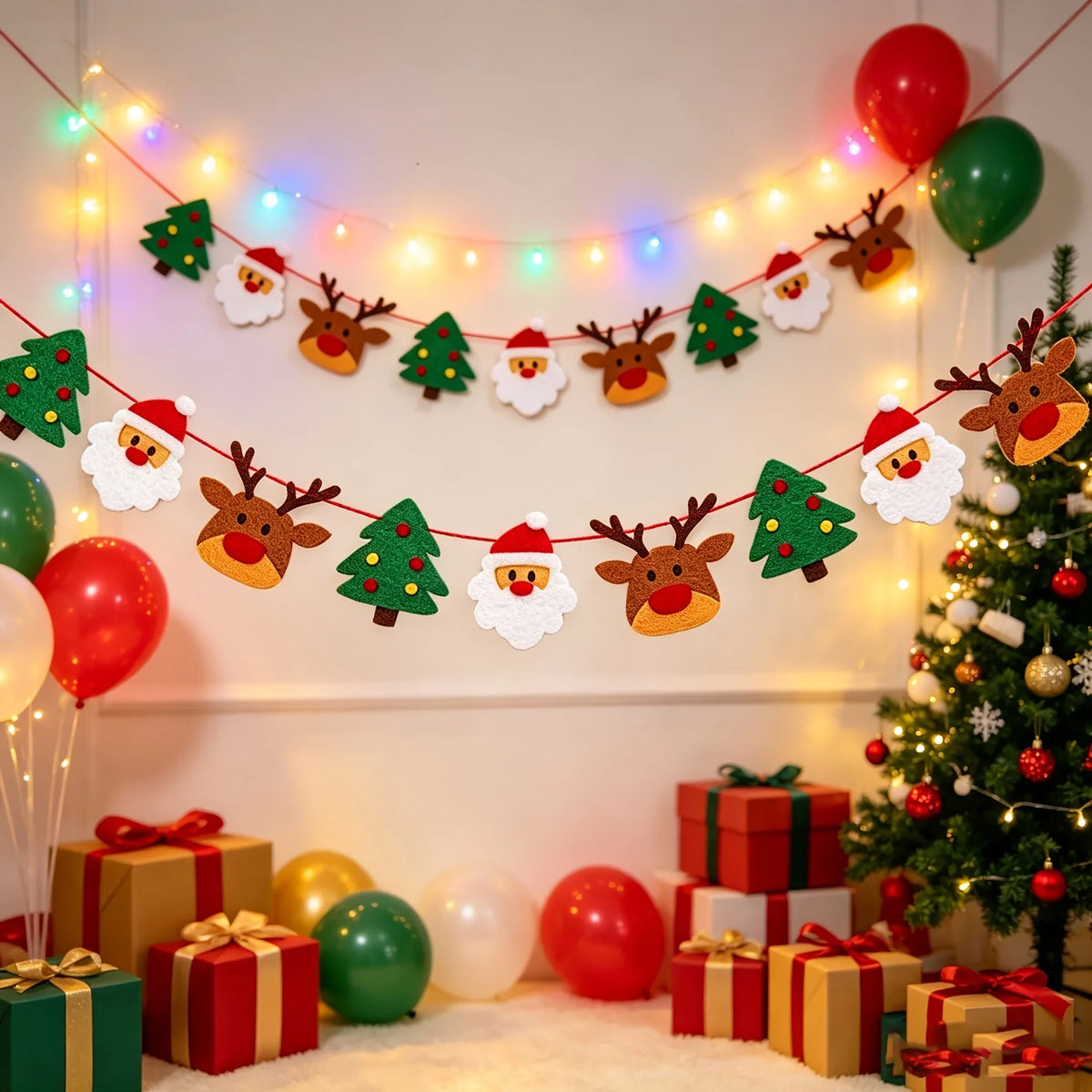 Weihnachts-Filzgirlande mit Weihnachtsmann & Rentieren – Festlicher Wandschmuck