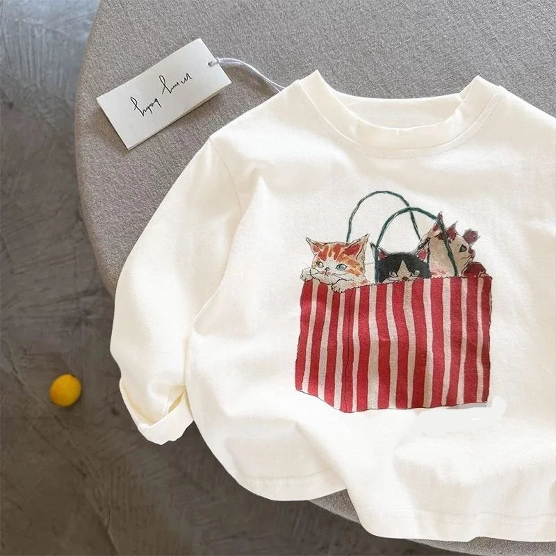 Children Cartoon Print T-Shirt Tops For Boys And Girls Clothing 2025 New Baby Kids Long-sleeve Cotton Bottoming Shirt