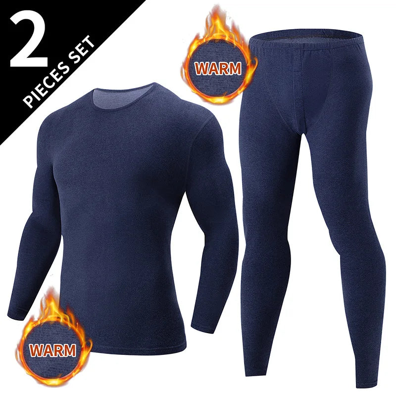 Men Winter Thermal Underwear Set Fleece Lined Slim Fit Long Johns Round Neck Long Sleeve Base Layer Warm Underwear Top & Pants F