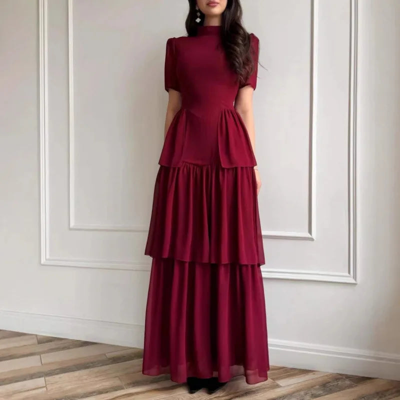 2026 Elegant Dresses For Woman Party Wedding Evening Dress Vestido Temperament Retro Short Sleeves Pleated Solid Color Slim Chic