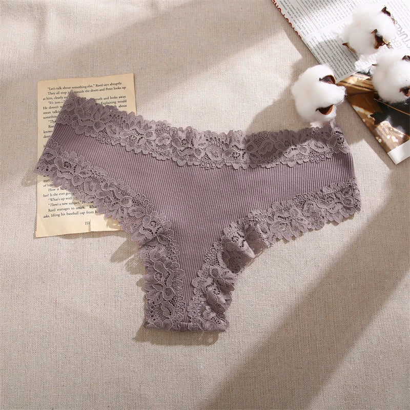 Women Cotton Panties Sexy Floral Lace Breathable Underwear Girls Ribbed Low-Waist Briefs Comfortable Bikini Solid Color Lingerie