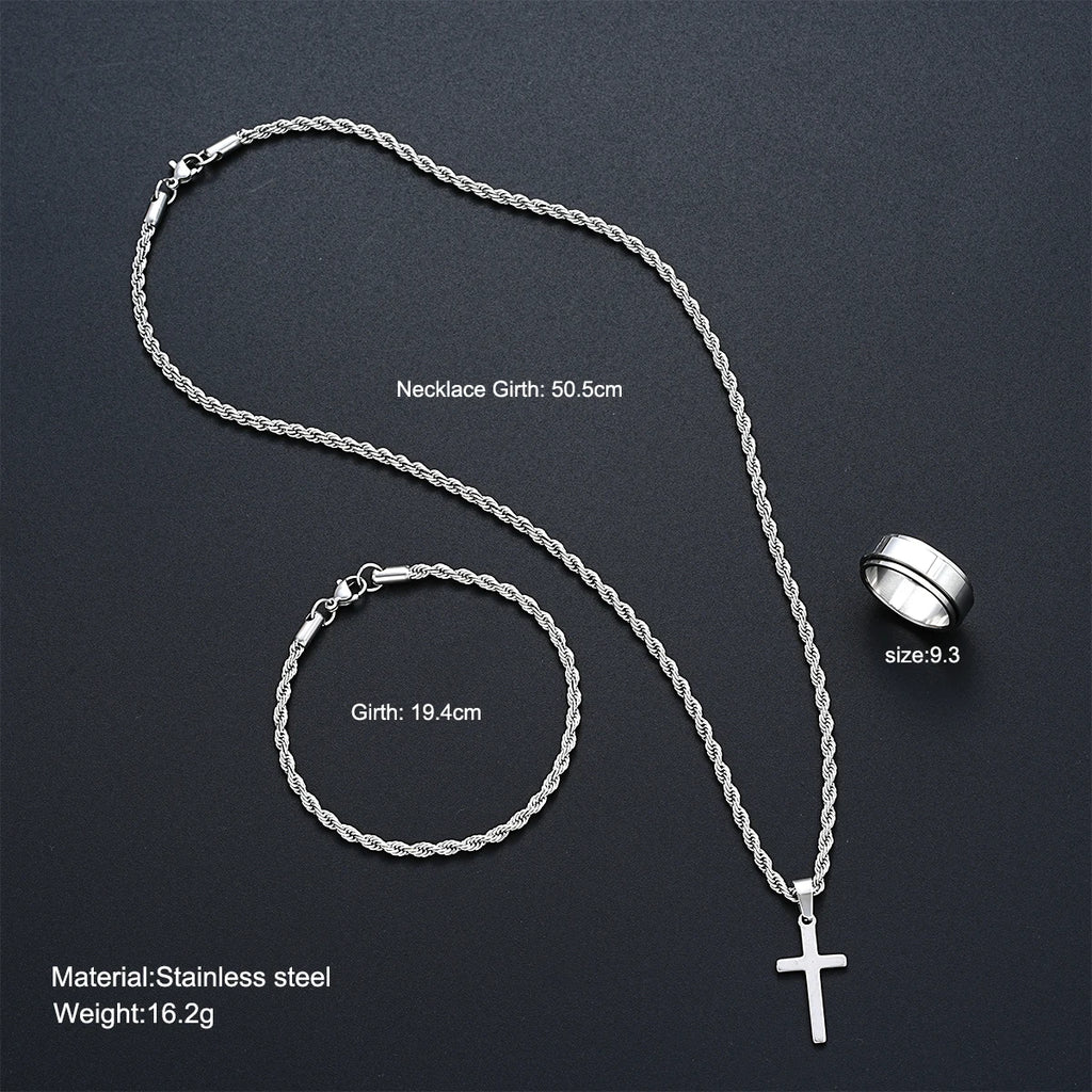 Stainless Steel Simple Jewelry Set For Men Women Fashion Silver Color Cross Pendant Twisted Rope Necklace Bracelets Ring Gifts