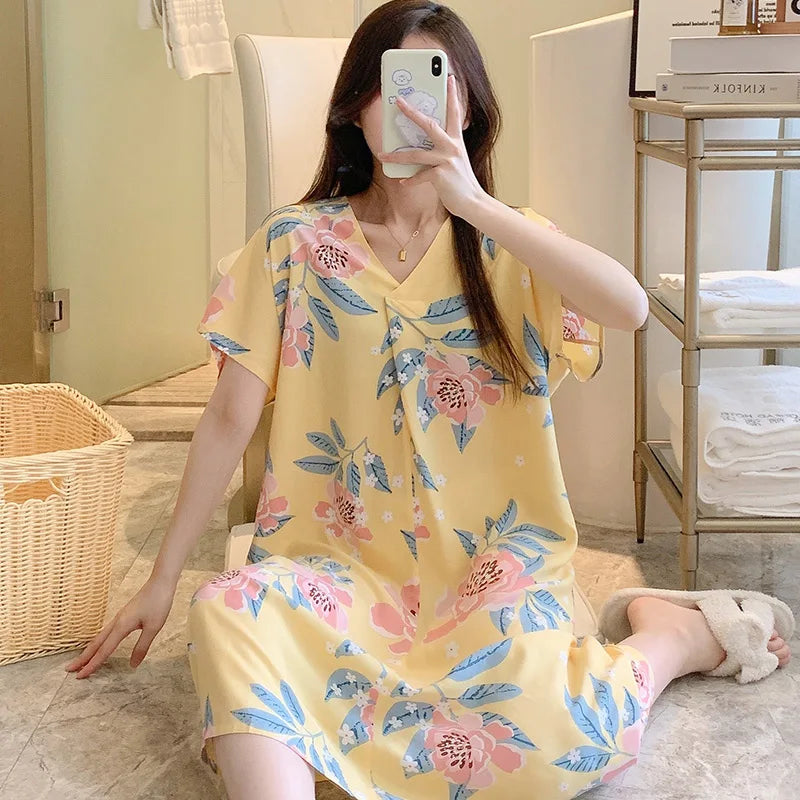 Night Dress Women Nightgowns Lace Sleepwear Floral Print Nightwear Women's Home Clothing Sleepwear Female Sexy Lingerie Gown