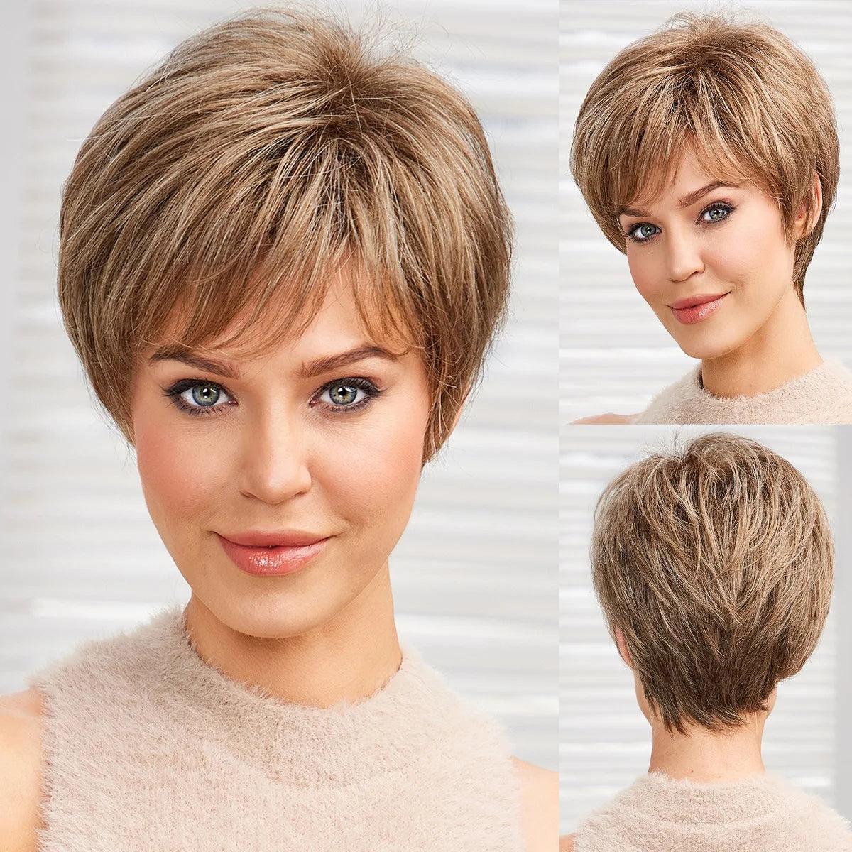 Short Pixie Cut Ash Blonde Wigs for Women with Bangs Blonde Natural Layered Blend Hair Kanekalon Human Hairs Like Texture Wigs