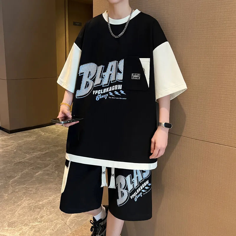 Men's 2-Piece Summer Streetwear Fashion Set - Short Sleeved T-Shirts & Knee-Length Shorts Casual Tops Tees And Pants for Youth