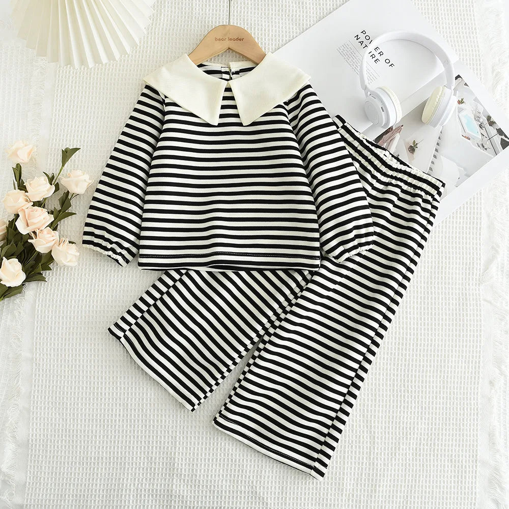 Children's Clothing Sets Big Lapel Striped Top and Wide-leg Pants 2pcs Sets Baby Girl Outfit Set Toddler Girl Clothes