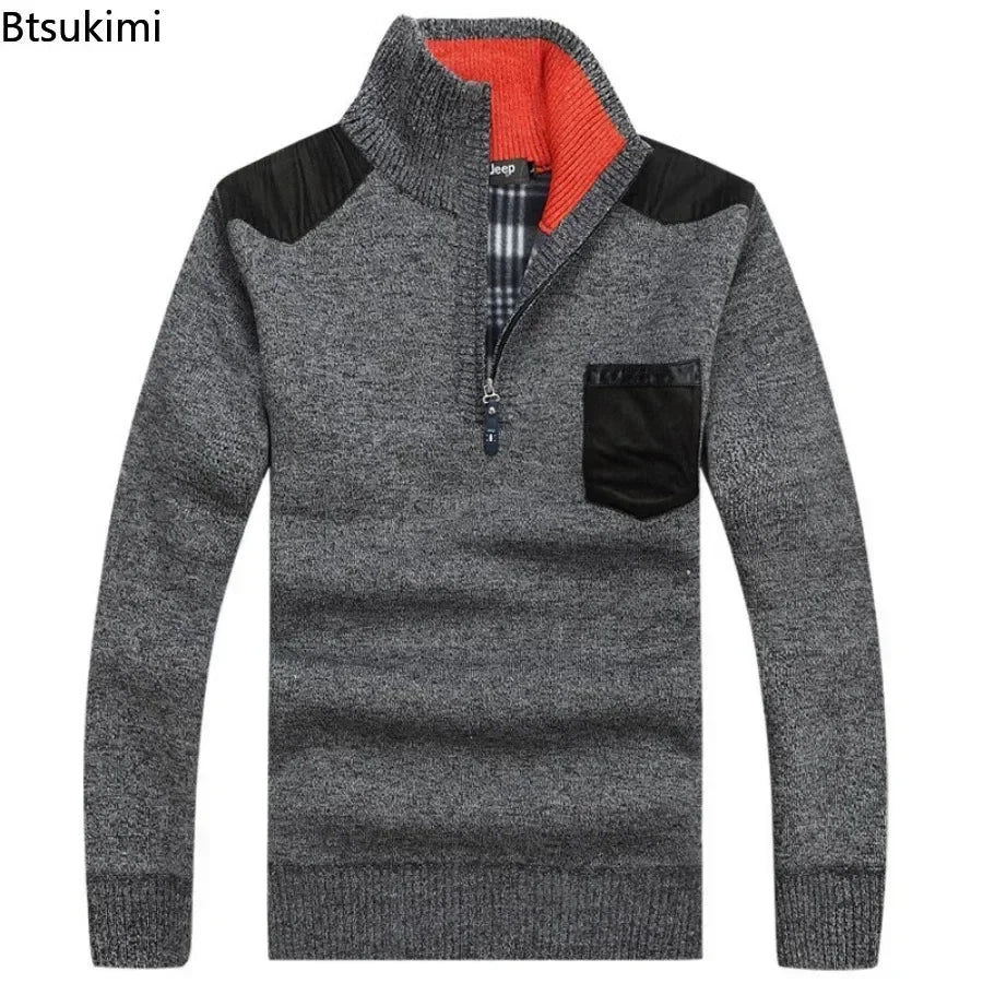 Men's Winter Sweaters Stand Collar Half Zipper Knitted Fleece Pullovers Long Sleeve Pocket Casual Jumper Thick Clothing for Men