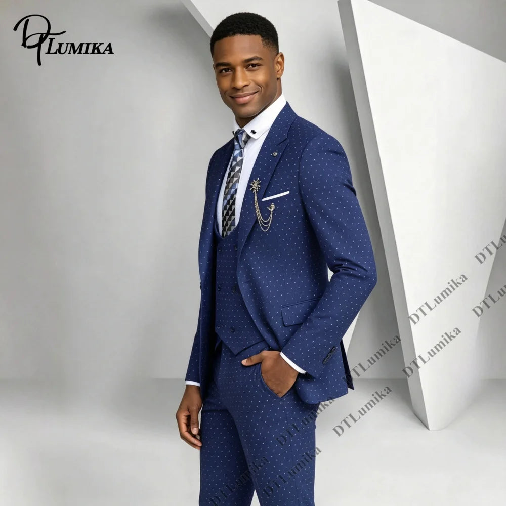 Men 3 Piece Dotted Suit Three-piece Polka Dot Jacket Vest Pants Made To Measure Wedding Business Prom Banquet Formal Tuxedo