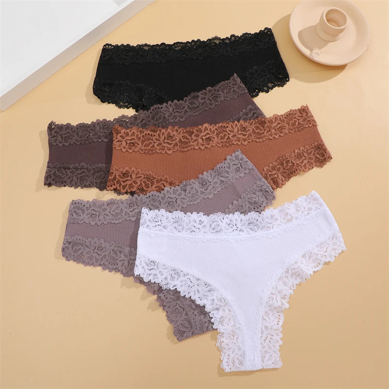 Women Cotton Panties Sexy Floral Lace Breathable Underwear Girls Ribbed Low-Waist Briefs Comfortable Bikini Solid Color Lingerie
