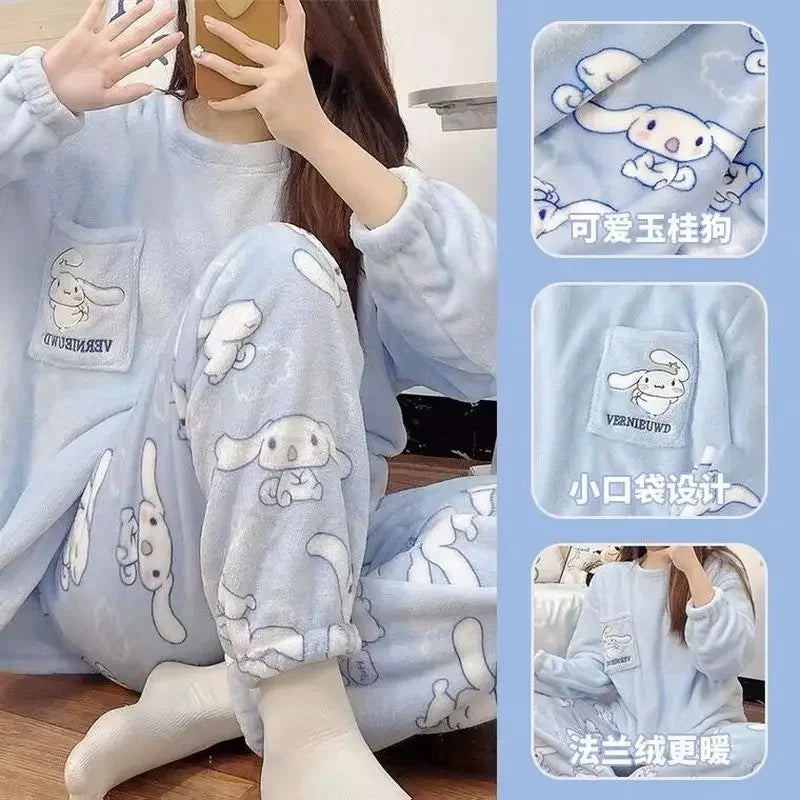 Winter Anime Pajamas Kawaii Flannel Pullover Coral Velvet Winter Warm Pajamas Homewear Girl Gifts Warm Coral Fleece Women Pajama