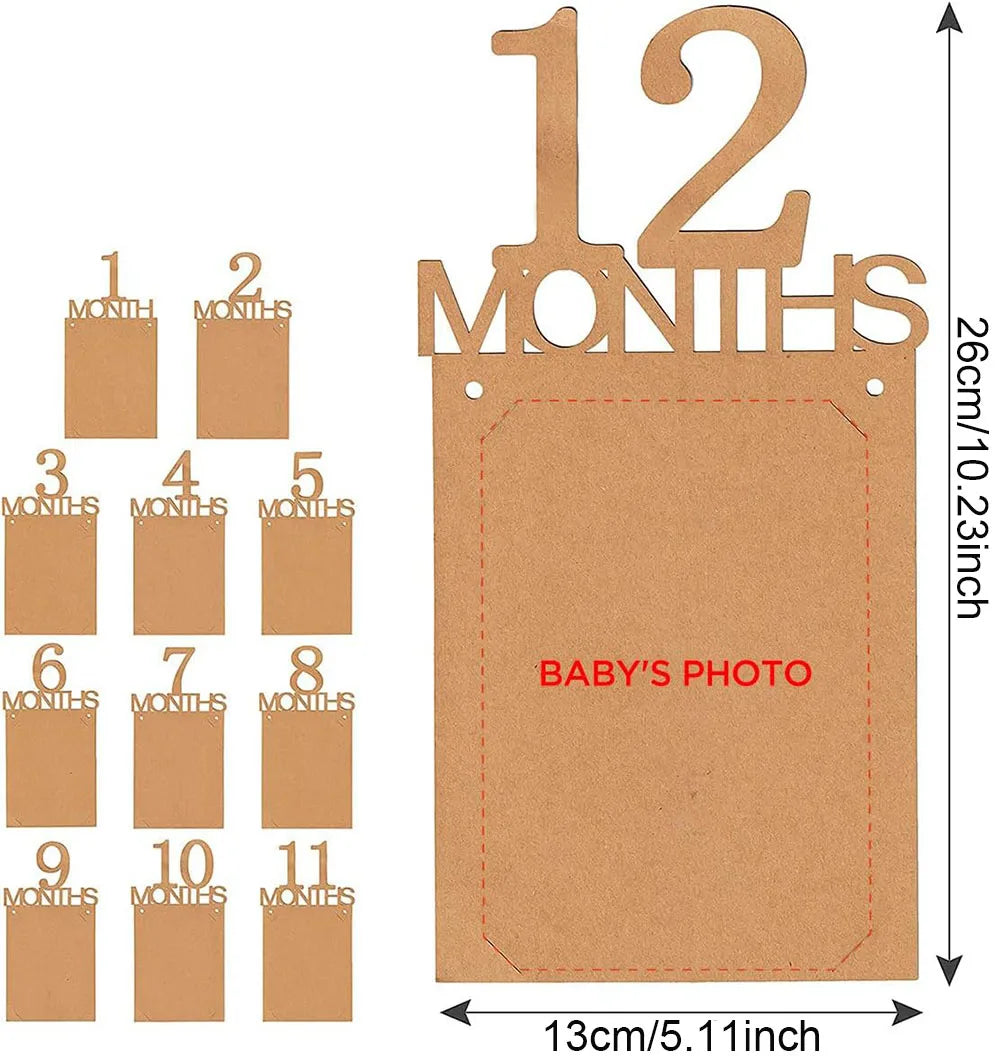 Baby First Birthday Banner, kraft Paper Growth Record 1-12 Month Photo Props Baby Boy Girl Party Decoration Supplies