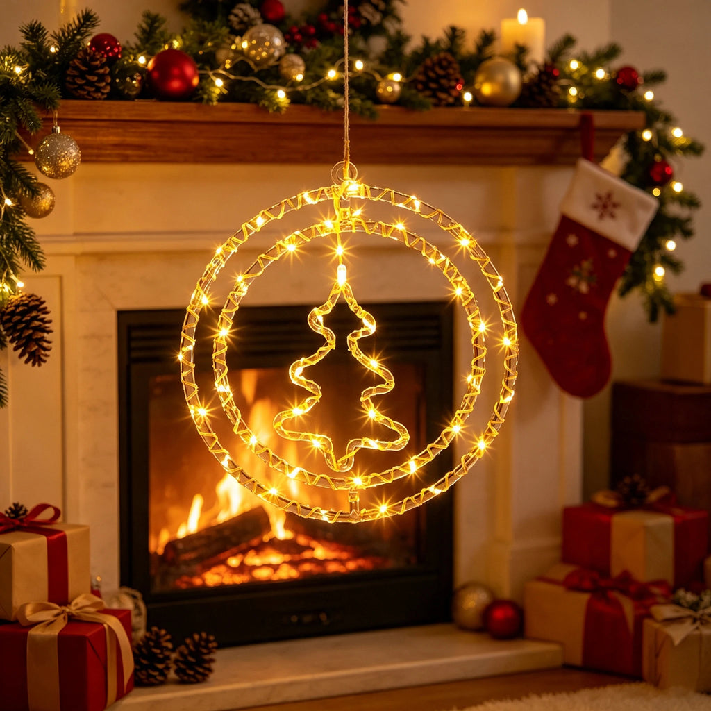 Christmas Hanging Wreath Light Warm White LED Circular Hanging Ornament Light with Inner Christmas Tree Pattern 32cm Window Wall
