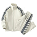 Men Fashion Tracksuit 2‑Piece Set, Stand Collar Zip‑Up Jacket & Drawstring Pants, Striped Casual Sports Outfit For Autumn Winter