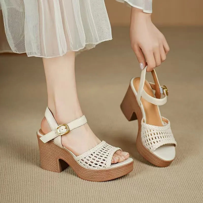Women's High Heels Sandals Summer Elegant Hollow Braided Chunky Pumps Fashion Ankle Straps Versatile Vacation Casual Beach Shoes